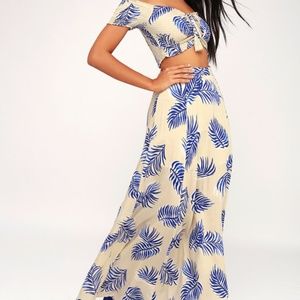 Beige Leaf Print Two-Piece Maxi Dress